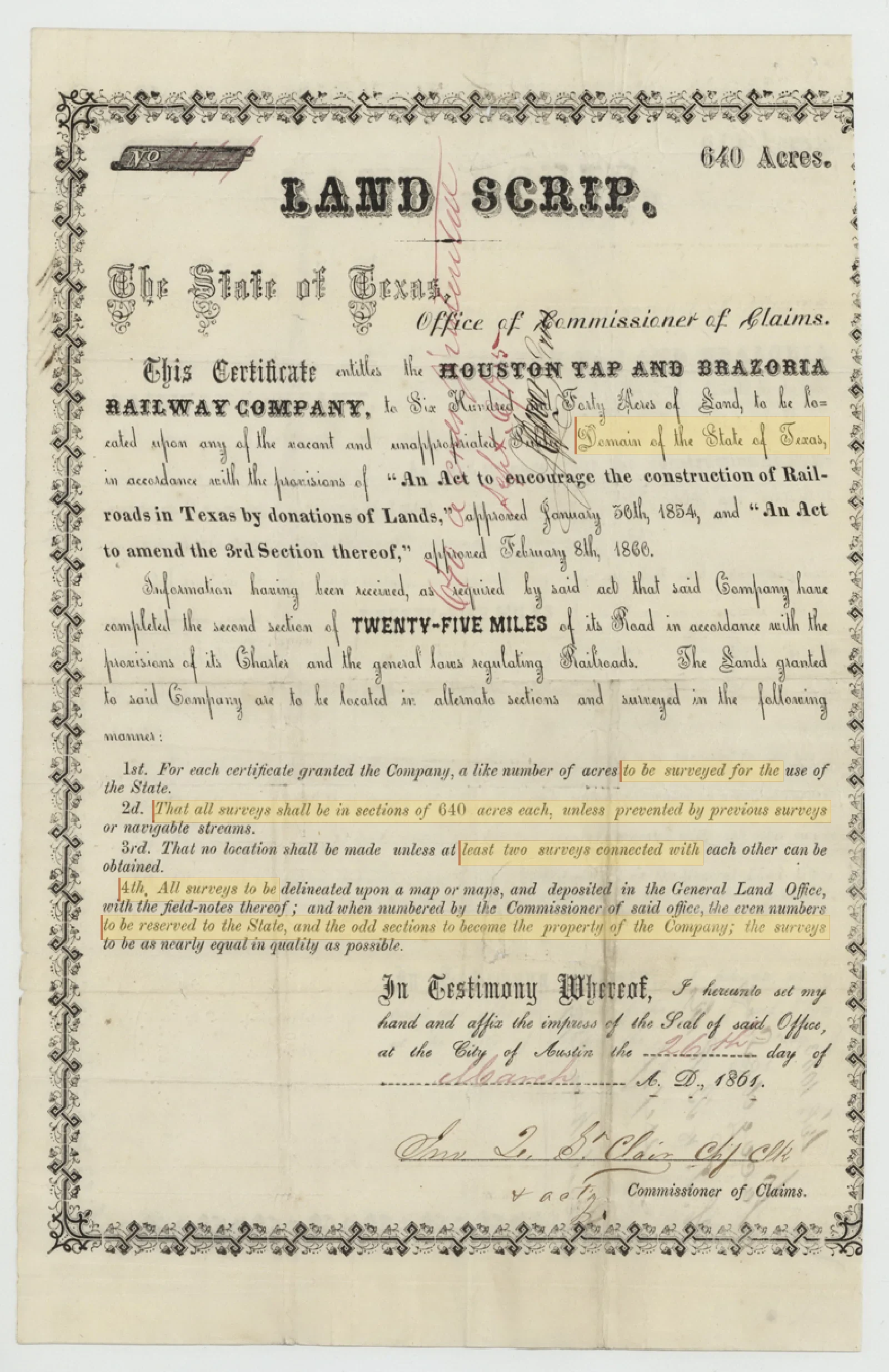 Houston Tap and Brazoria Railroad Company Original Cursive Land Grant & Field Notes (Angelina County, Abstract A-343)